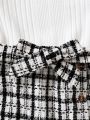 SHEIN Kids FANZEY Toddler Girls' Long Sleeve White Top + Plaid Skirt With Belt Fashionable Outfit For Elegant Look In Autumn And Winter