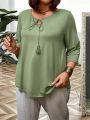 Plus Size Solid Color T-Shirt With Tassel & Knot Detailing On Collar