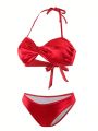 SHEIN Swim Chicsea Exquisite And Elegant Criss-Cross Detail Solid Color Bikini Swimwear Set