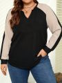 SHEIN LUNE Plus Size Color-block T-shirt With Shoulder Insert And V-neck