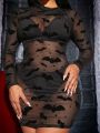 SHEIN SXY Bat Print Mesh Bodycon Dress Without Lingerie Set