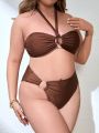 SHEIN Swim Chicsea Plus Size Women'S Halterneck Lace-Up Swimsuit Suit