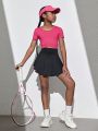 SHEIN Tween Girls' Patchwork Mesh Shorts Inner Anti-Light Pockets Sports Skirt
