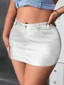 SHEIN ICON Plus Size Women's Metallic Denim A-Line Skirt