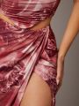 SHEIN BAE Valentine'S Day Dress Red Rose Print High Slit Pleated Women'S Long Skirt