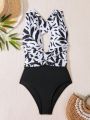 SHEIN Swim Chicsea One-piece Bathing Suit With Plant Prints And Crisscross Straps