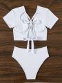 SHEIN Swim Y2GLAM Solid Color Short Sleeve Top And Triangular Pants Bikini Set