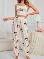 Women's Cherry Printed Camisole Top And Pants Pajama Set