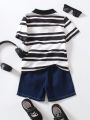SHEIN Kids Academe Young Boy College Style Striped Short Sleeve Loose Top And Denim Shorts 2pcs/Set, Comfortable And Refreshing For Spring/Summer