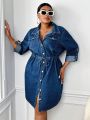 SHEIN SXY Plus Roll Tab Sleeve Belted Denim Dress