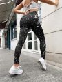 Yoga Trendy Marble Print Wide Waistband Sports Leggings