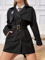 SHEIN Qutie Letter Patched Detail Double Breasted Belted Trench Coat