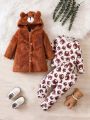 Fashionable Fleece Coat With Bear Print 3pcs Baby Boy Outfit