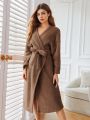 Teddy Bear Design Belted Drop Shoulder Long Robe