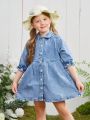 Young Girls' Holiday Leisure Sweet Ruffle Trim Sleeve And Loose Fit Denim Dress