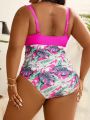 SHEIN Swim Vcay Plus Size Floral Print Splicing With Ruffled Trim One Piece Swimsuit