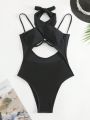 SHEIN Swim BAE Cross Front Cutout Halter One Piece Swimsuit, Sexy And Elegant
