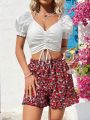 SHEIN WYWH Women'S Vacation Drawstring Short Puff Sleeve Blouse And Floral Print Shorts Two Piece Set