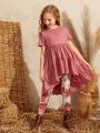 SHEIN Girls Asymmetrical Ruffle Hem Tunic Top & Floral Print Leggings