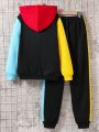 2pcs/set Teen Boys' Casual Streetwear Bright Color Block Outfit