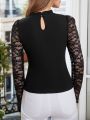 SHEIN Frenchy Women Elegant Lace Spliced Bubble Long-Sleeve Fitted Knit T-Shirt With Ruffled Neckline For Valentine's Day, New Year, Christmas