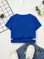 SHEIN Kids EVRYDAY Girls' Knit Slubbed Texture Round Neck Irregular Hem Casual Short Sleeve T-Shirt