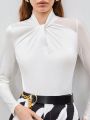 SHEIN BIZwear Women's Twist Knot Stand Collar Long Sleeve T-Shirt