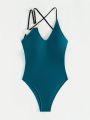 SHEIN Swim BAE Solid Color Backless Crisscross Halter One-Piece Swimsuit