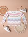 Girls' Colorblock Wave Pattern Round Neck Sweater