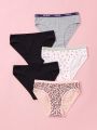 Tween Girl 5pack Leopard & Heart Print Contrast Letter Tape Brief