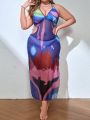 SHEIN Swim Y2GLAM Plus Size Women'S Printed Cut-Out Waist Kaftan Dress