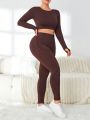 Yoga Basic Plus Size Solid Color Long-Sleeved Top And Trousers Sports Suit