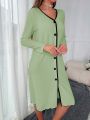 Contrast Binding Button Front Lettuce Trim Robe