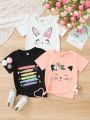 3pcs/Set Girls' Rabbit & Bowknot & Cat & Stripe & Slogan & Text Print T-Shirt