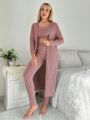 Solid Ribbed Knit Lounge Set With Robe