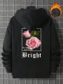 Men Floral & Letter Graphic Drawstring Thermal Lined Hoodie