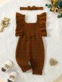 Baby Girls' Cute Romantic Casual Sweater Bodysuit With Ruffle Decoration And Attached Pants Crawling Suit