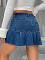 Pleated Hem Denim Skirt