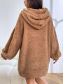 SHEIN EZwear Kangaroo Pocket Drop Shoulder Drawstring Teddy Hoodie Dress