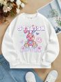 Big Girls' Cartoon Rabbit & Letter Printed Round Neck Long Sleeve Sweatshirt, Suitable For Fall And Winter