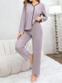 Women's Contrast Edge Top & Solid Color Pants Homewear Set