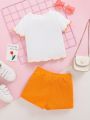 SHEIN Baby Girl's Heartbeat Pattern Color Block Top And Shorts Set With Ruffled Hem