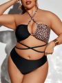 SHEIN Swim SXY Plus Size Women'S Leopard Print Halter Bikini Top