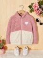 SHEIN Kids EVRYDAY Girls' Contrast Color Stand Collar Heart Embroidered Loose Fleece Casual Jacket