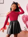 SHEIN Kids Cooltwn Big Girls' Solid Color Off-shoulder Long Sleeve Top With Pu Leather Skirt