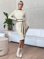 SHEIN Privé Contrast Binding Belted Bodycon Sweater Dress