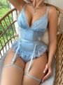 SHEIN Contrast Lace Satin Garter Bustier Set With 1pair Leg Ring