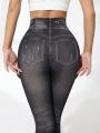 Daily&Casual Seamless High Elasticity Sport Leggings With Faux Denim Print