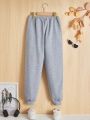 SHEIN Kids SUNSHNE Girls' Knitted Letter Printed Loose Fit Casual Jogger Pants With Elastic Cuffs