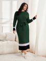 SHEIN Mulvari Plus Size Color Block Trimmed Belted Sweater Dress